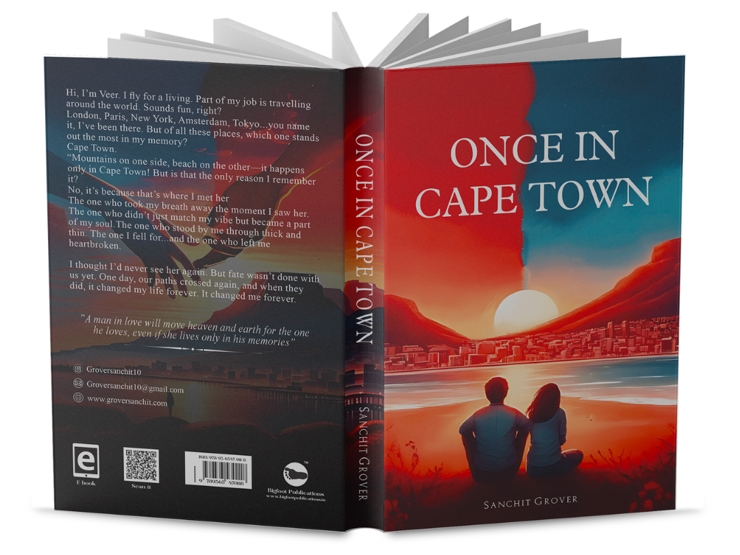 The open book showing both the front and back covers of Once in Cape Town which is written by Sanchit Grover.