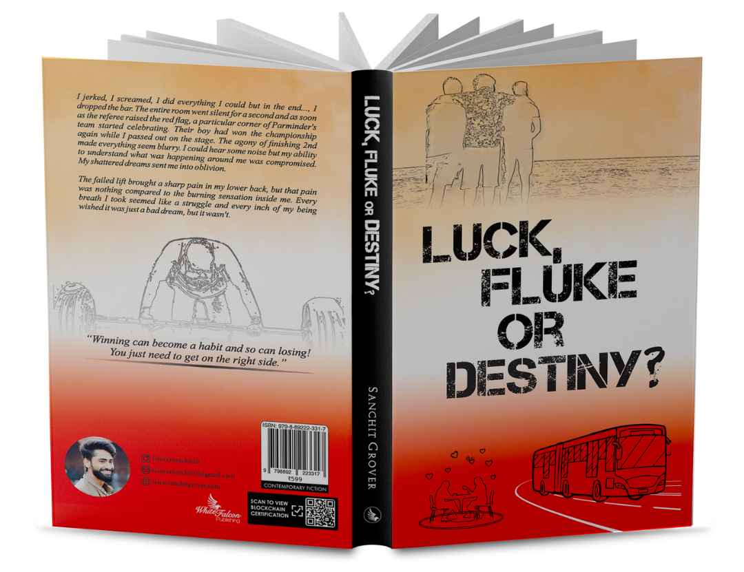 The open book showing both the front and back covers of Luck, Fluke or Destiny? which is written by Sanchit Grover.